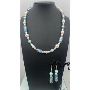 Aqua Turquoise Blue Art Glass & Faux Pearl Beaded Necklace & Earring Set Lot